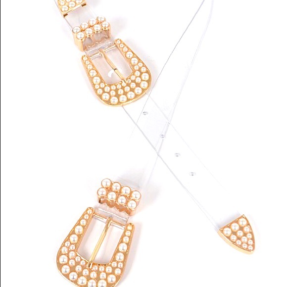 Gold Double Pearl Accent Buckle Clear Statement Belt - Picture 2 of 4